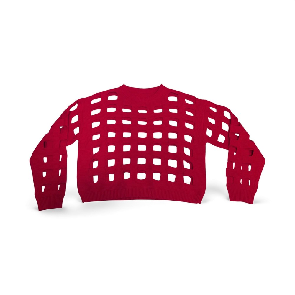 Red Grid Cutout‎ Crewneck Sweater - Women's M